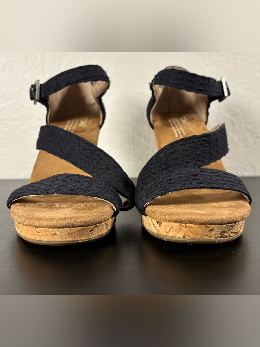 Toms Black Woven Canvas Cork Wedge Summer Spring Classy Sandals  Ankle Strap - Picture 5 of 13